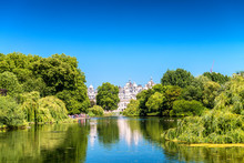 St James's Park London UK, With Buildings, Trees And Lake