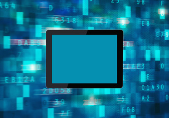 Tablet device over abstract digital background