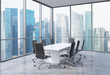 Panoramic conference room in modern office in Singapore. Black chairs and a white table. 3D rendering.