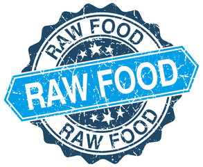 raw food blue round grunge stamp on white