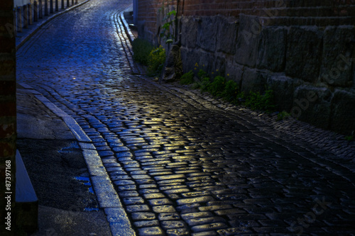 street with wet cobblestones at night in an old town Poster