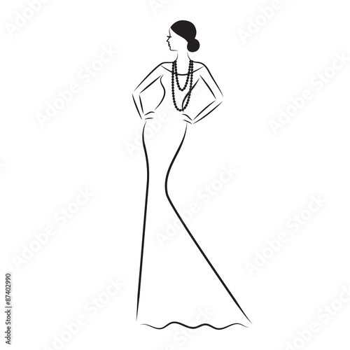 Fashion Model Sketch Silhouette Of Beautiful Woman In Outline