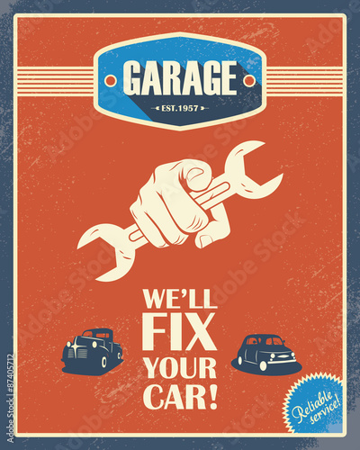 Naklejka - mata magnetyczna na lodówkę Classic garage poster. Vintage cars. Retro style design. Grunge
