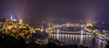 Night View Over Buda Castle Complex And Adjacent Area Of Danube River In Budapest, Hungary.