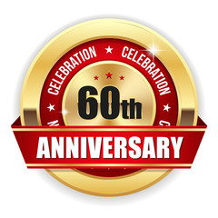 Red 60th anniversary badge with gold border and ribbon