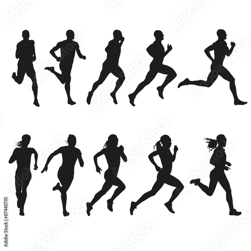 Fotografía Set of silhouettes of running men and women