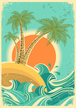 Vintage Nature Sea With Waves And Sun.Vector Retro Poster On Old
