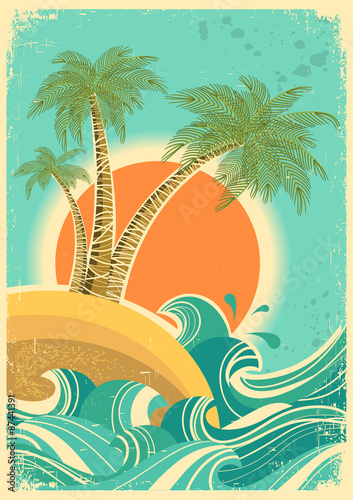 Naklejka - mata magnetyczna na lodówkę Vintage nature sea with waves and sun.Vector retro poster on old