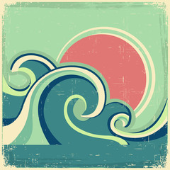 Wall Mural - Vintage poster.Vector abstract seascape poster with sea waves an