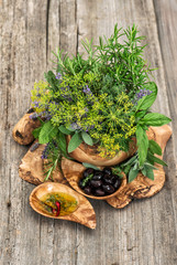 Poster - Olives, oil, basil, dill, sage, lavender, mint. Herbs and spices