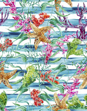 Watercolor Sea Life Seamless Pattern With Seaweed Starfish And