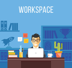 Poster - Man at work. Man in suit in office room. Creative flat design interior, workplace, workspace concepts