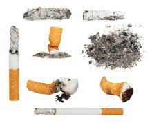 Set Cigarette Butts And Ashes From Tobacco Isolated On White Background