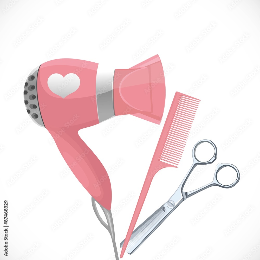 Pink hair dryer with concentrator, scissors and comb isolated on a white  background Stock Vector | Adobe Stock, image size:1000x1000