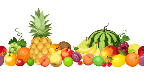 Wall Mural - Horizontal seamless background with various fruits. Vector.