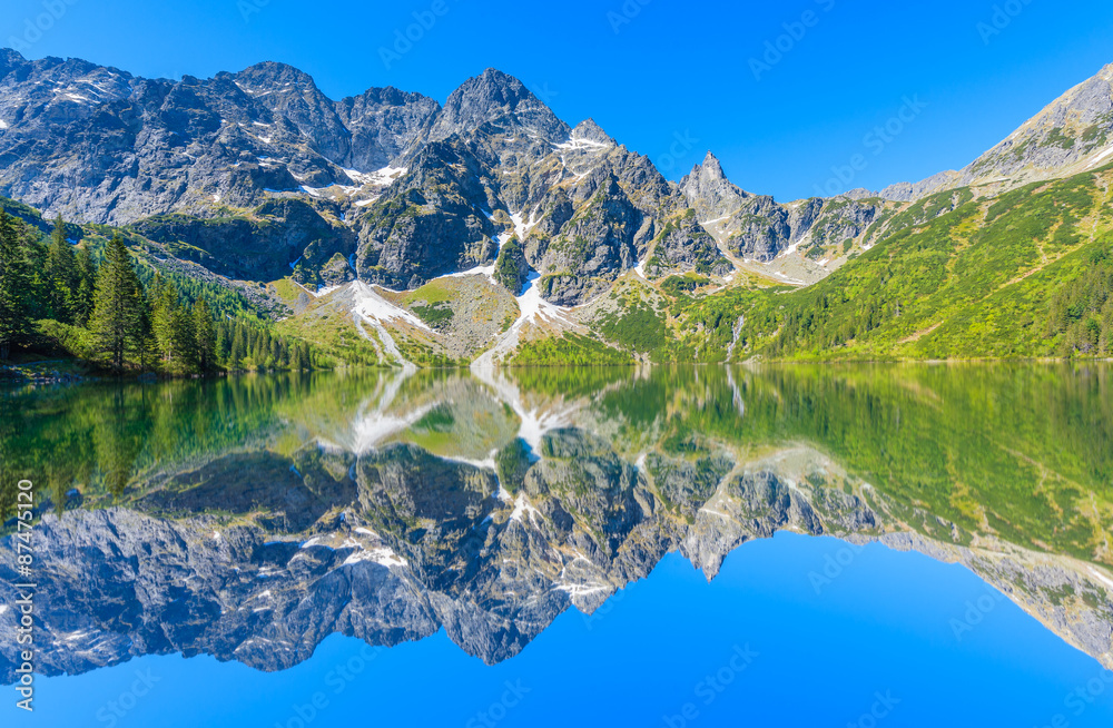 Reflection of mountain peaks in beautiful Morskie Oko lake, Tatra Mountains, Poland - obrazy, fototapety, plakaty 