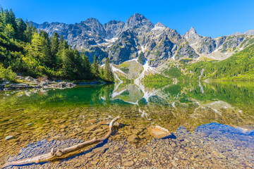 Reflection of mountain peaks in beautiful green water Morskie Oko lake, Tatra Mountains, Poland