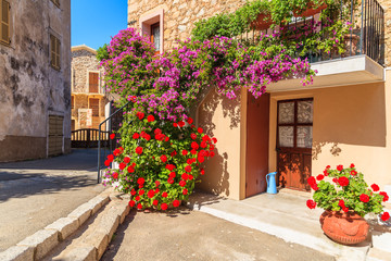  Wejście typowy dom dekorujący z kwiatami w Piana wiosce, Corsica wyspa, Francja