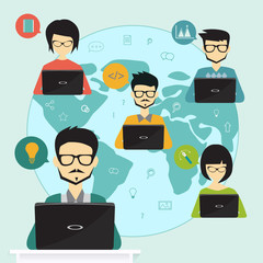 Poster - teamwork concept, freelancer working in collaboration with coworkers over internet