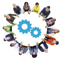 Fototapete - Group of People Holding Hands with Gears Symbol