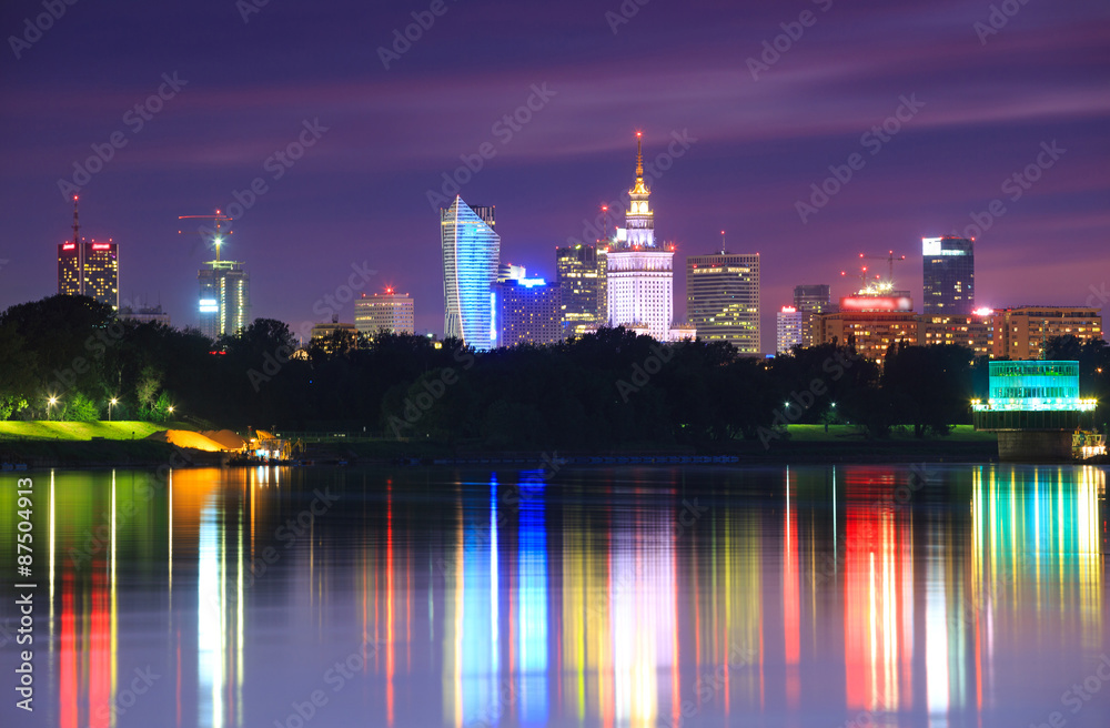 Warsaw night view of the city from the river - obrazy, fototapety, plakaty 