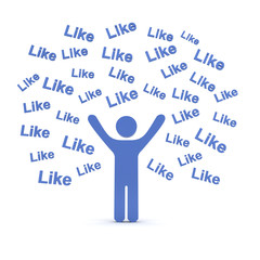 Aufkleber - Very happy man celebrating arms wide open over white background with many like text words