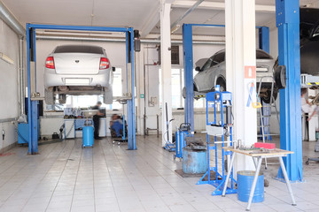 Russia, Kaluga, July, 8, 2015: Interior of a car repair station in Kaluga, Russia