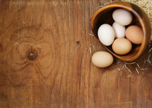 Farm Natural Organic Eggs On A Wooden Background
