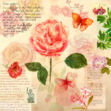 Collage With Flowers, Butterflies And Postage Stamps 