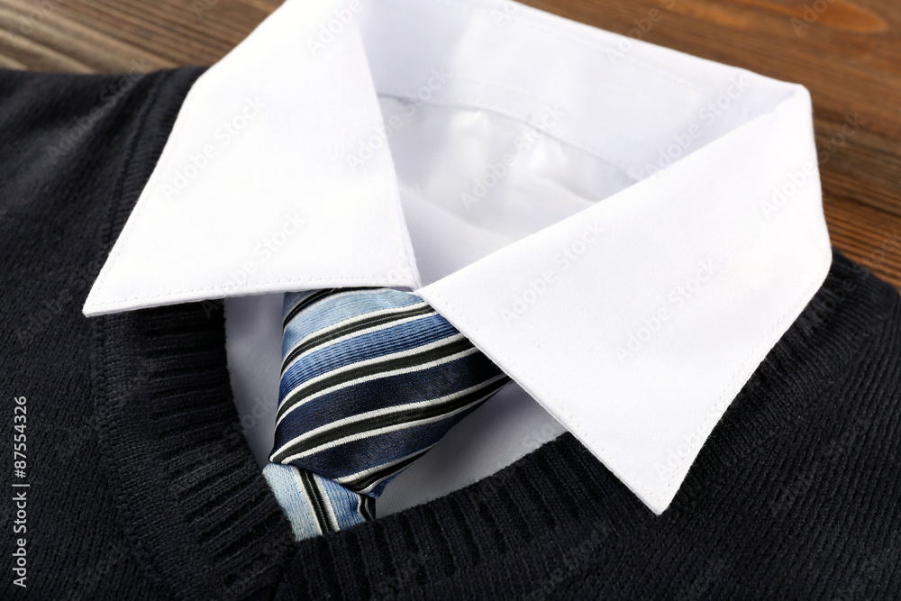 Men elegance clothes on wooden table, closeup