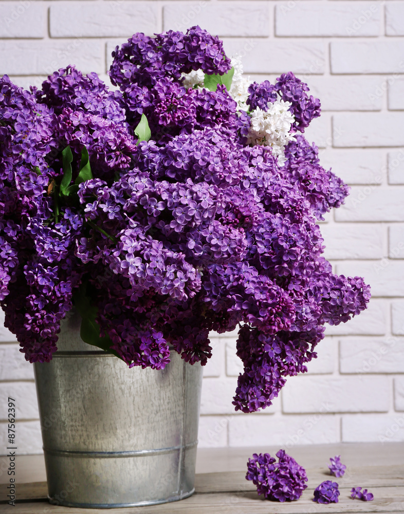 Beautiful lilac flowers on floor in room close-up