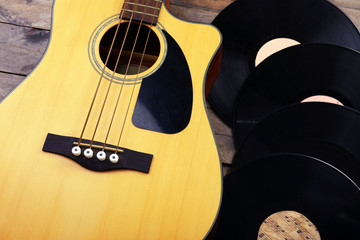 Poster - Guitar and vinyl records close up