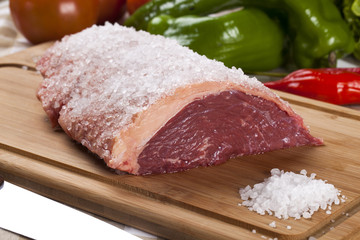 raw steak on wooden board