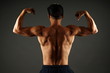 © petrdlouhy - Young athlete man shows his muscular back on gray background