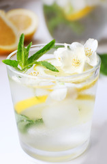 Wall Mural - Glass of cold refreshing summer drink with mint and slices of lemon on table close up