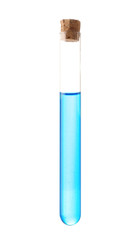 empty laboratory test tube with cork and blue liquid isolated on white
