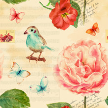 Collage Seamless Pattern With Roses, Butterflies, Bird, Sheet Music