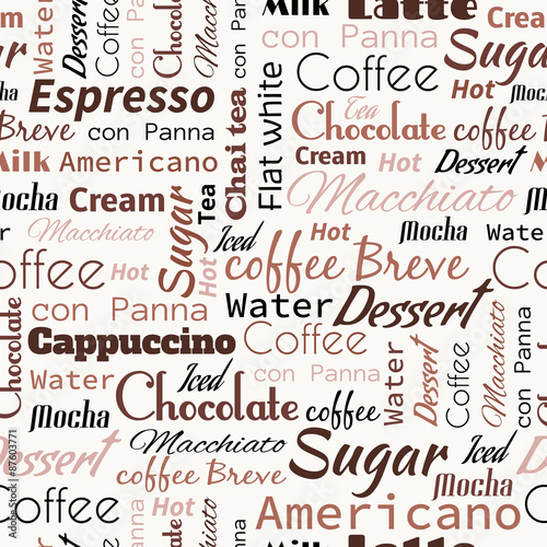 Fototapeta na wymiar Coffee words, tags. Seamless pattern