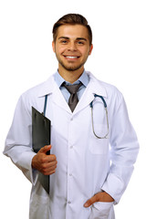 Poster - Male doctor with folder isolated on white