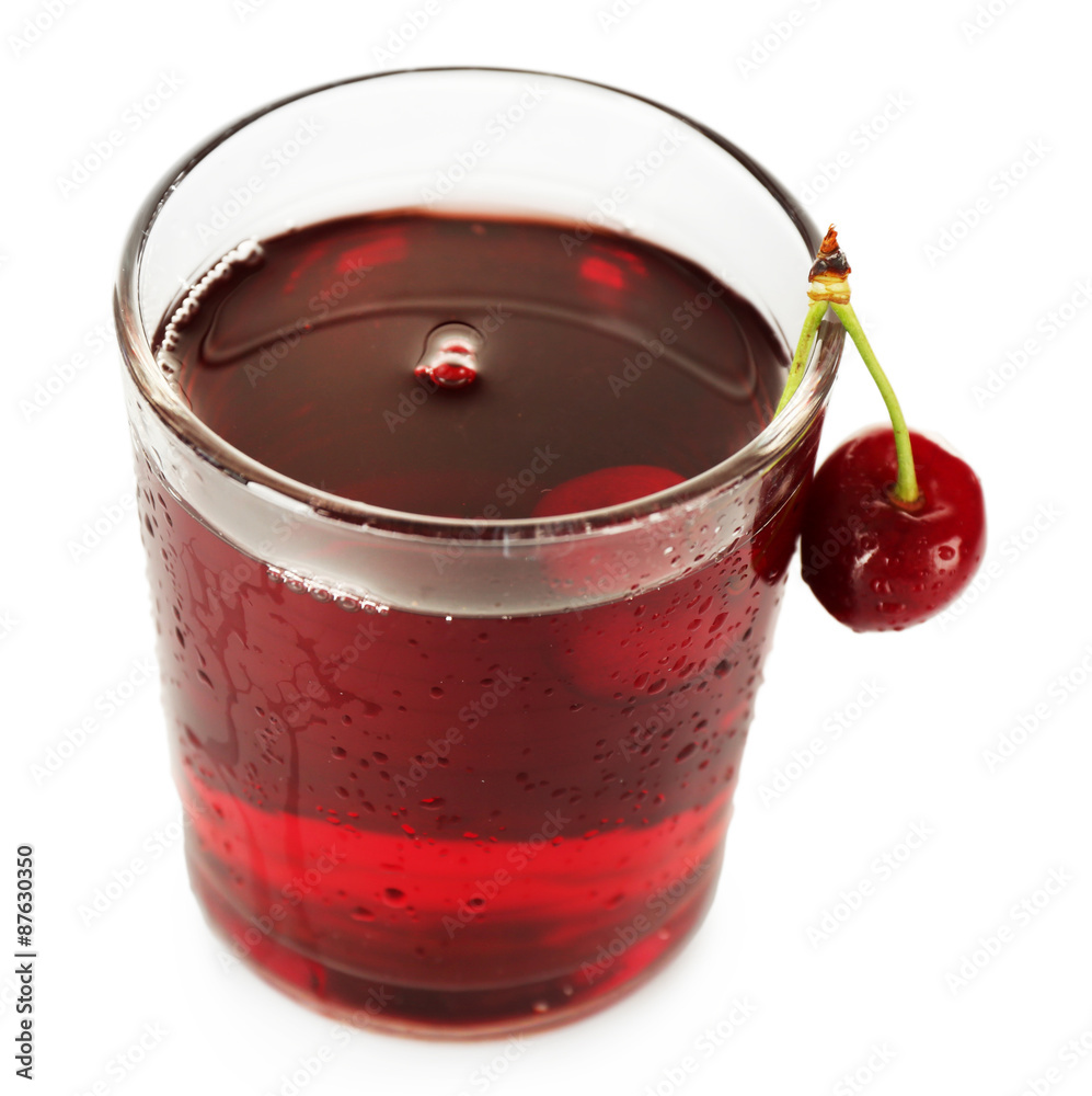 Glass of fresh juice with cherries isolated on white