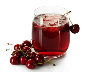 Glass of fresh juice with cherries isolated on white