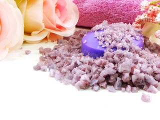 Wall Mural - sea salt spa and soap lavender scent on white background selective focus