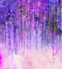 Abstract Violet Color Flowers. Watercolor Painting. Spring Purple Flowers Wisteria In Blossom With Bokeh Background