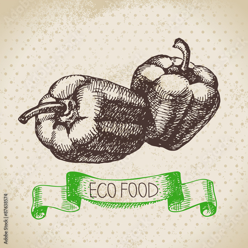 Naklejka ścienna Hand drawn sketch peppers vegetable. Eco food background.
