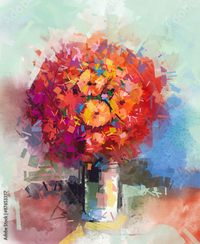 streszczenie-martwa-natura-bukiet-kwiatow-obraz-olejny-czerwony-gerbera-kwitnie