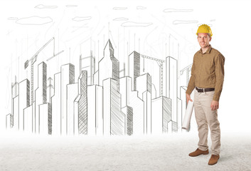 Engineer man with building city drawing in background