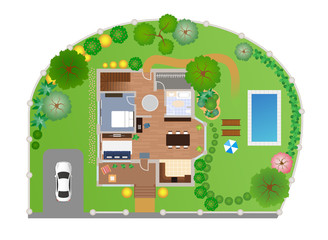 Wall Mural - House with garden layout, vector