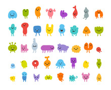 Set Of Cute Little Cartoon Monsters With Different Shapes, Colors And Facial Expressions.