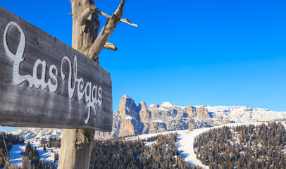 Canvas Print - The sign of the restaurant in the mountains. Ski resort of Selva