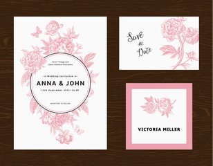 Wall Mural - Wedding set. Menu, save the date, guest card. Pink flowers peonies. Vintage vector illustration.